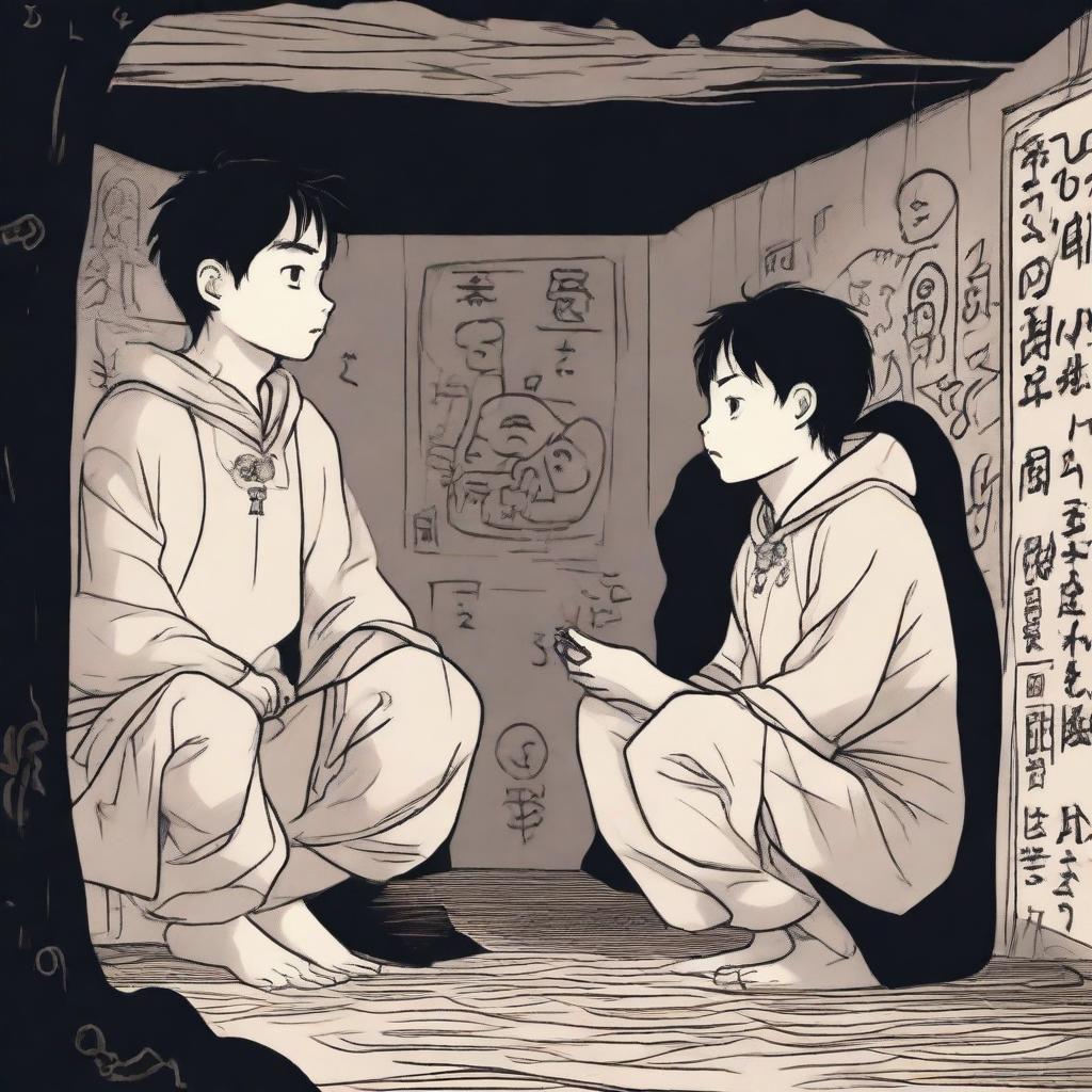 Two extremely cute young men, with expressions of shock, watching a ritual in an underground chamber