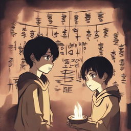 Two extremely cute young men, with expressions of shock, watching a ritual in an underground chamber