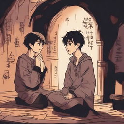 Two extremely cute young men, with expressions of shock, watching a ritual in an underground chamber