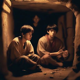 Two extremely cute young men, with expressions of shock, watching a ritual in an underground chamber