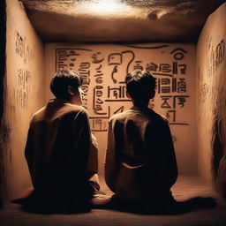 Two extremely cute young men, with expressions of shock, watching a ritual in an underground chamber