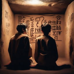 Two extremely cute young men, with expressions of shock, watching a ritual in an underground chamber