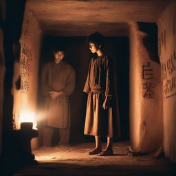 Two extremely cute young men, with expressions of shock, watching a ritual in an underground chamber