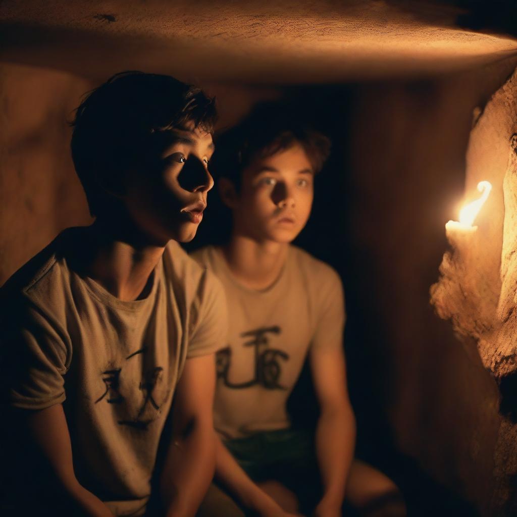 Two extremely cute athletic young men, with expressions of shock, watching a ritual in an underground chamber