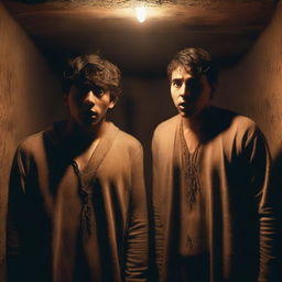 Two extremely cute athletic young men, with expressions of shock, watching a ritual in an underground chamber