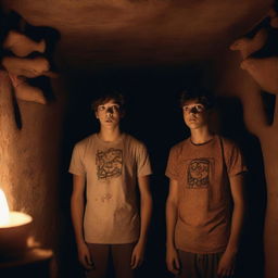 Two extremely cute athletic young men, with expressions of shock, watching a ritual in an underground chamber