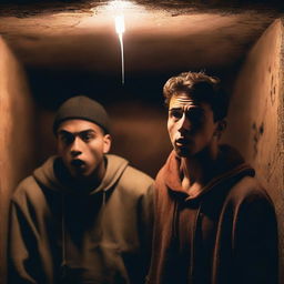 Two extremely cute athletic young men, with expressions of shock, watching a ritual in an underground chamber