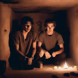 Two extremely cute athletic young men, with expressions of shock, watching a ritual in an underground chamber