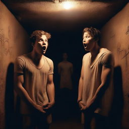 Two extremely cute athletic young men, with expressions of shock, watching a ritual in an underground chamber