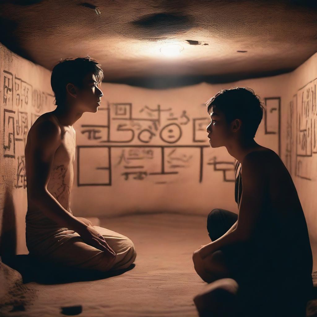 Two extremely cute athletic young men, with expressions of shock, watching a ritual in an underground chamber