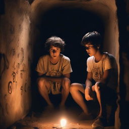 Two extremely cute athletic young men, with expressions of shock, watching a ritual in an underground chamber