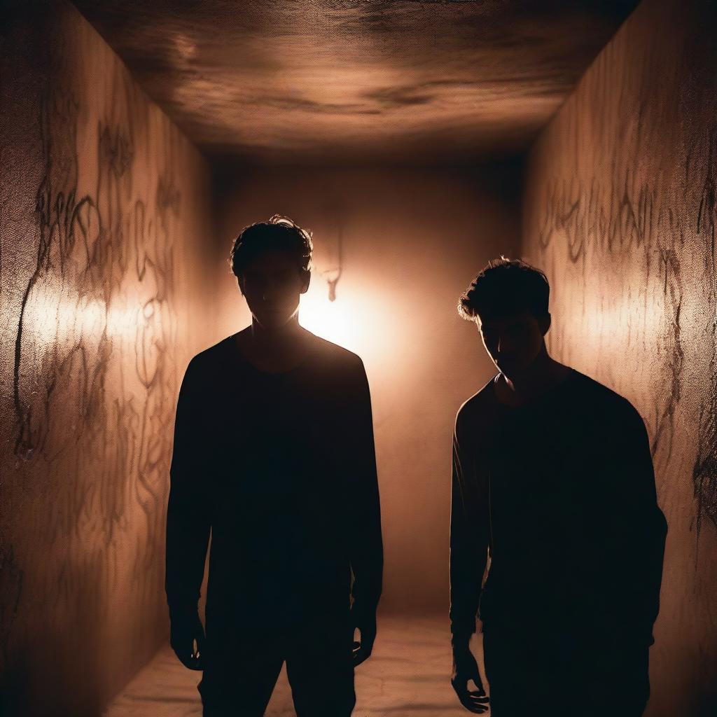 Two extremely sexy athletic young men, with expressions of shock, watching a dark ritual in an underground chamber