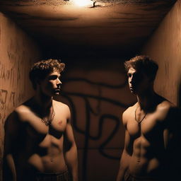 Two extremely sexy athletic young men, with expressions of shock, watching a dark ritual in an underground chamber