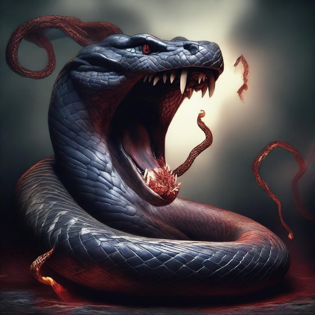 A large, menacing python is in the process of swallowing devils, its body coiled tightly around a devil sword