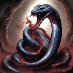 A large, menacing python is in the process of swallowing devils, its body coiled tightly around a devil sword