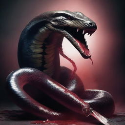 A large, menacing python is in the process of swallowing devils, its body coiled tightly around a devil sword