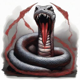 A large, menacing python is in the process of swallowing devils, its body coiled tightly around a devil sword