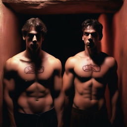 Two extremely sexy athletic young men, with expressions of fright, watching a dark satanic ritual in an underground chamber