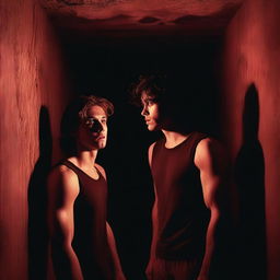 Two extremely sexy athletic young men, with expressions of fright, watching a dark satanic ritual in an underground chamber