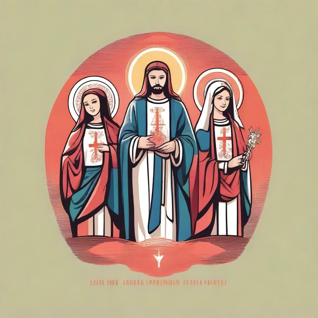 Design a modern and youthful t-shirt for a church youth group featuring images of Saints: Saint Sebastian, Holy Trinity, Our Lady of Aparecida, and Our Lady of the Immaculate Conception