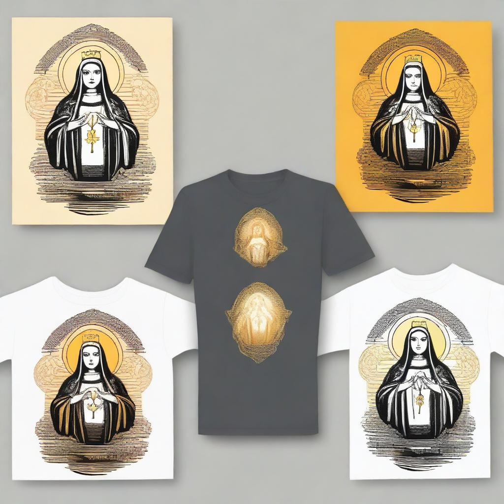 Design a modern and youthful t-shirt for a church youth group featuring images of Saints: Saint Sebastian, Holy Trinity, Our Lady of Aparecida, and Our Lady of the Immaculate Conception