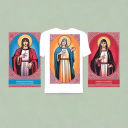 Design a modern and youthful t-shirt for a church youth group featuring images of Saints: Saint Sebastian, Holy Trinity, Our Lady of Aparecida, and Our Lady of the Immaculate Conception