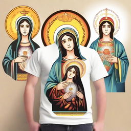 Design a modern and youthful t-shirt for a church youth group featuring images of Saints: Saint Sebastian, Holy Trinity, Our Lady of Aparecida, and Our Lady of the Immaculate Conception