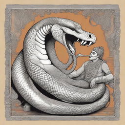 A large python is seen swallowing an Asura from its hand, depicted in an Indian art style