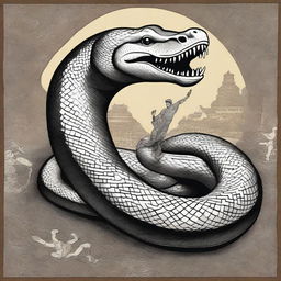 A large python is seen swallowing an Asura from its hand, depicted in an Indian art style