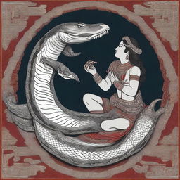 A large python is seen swallowing an Asura from its hand, depicted in an Indian art style