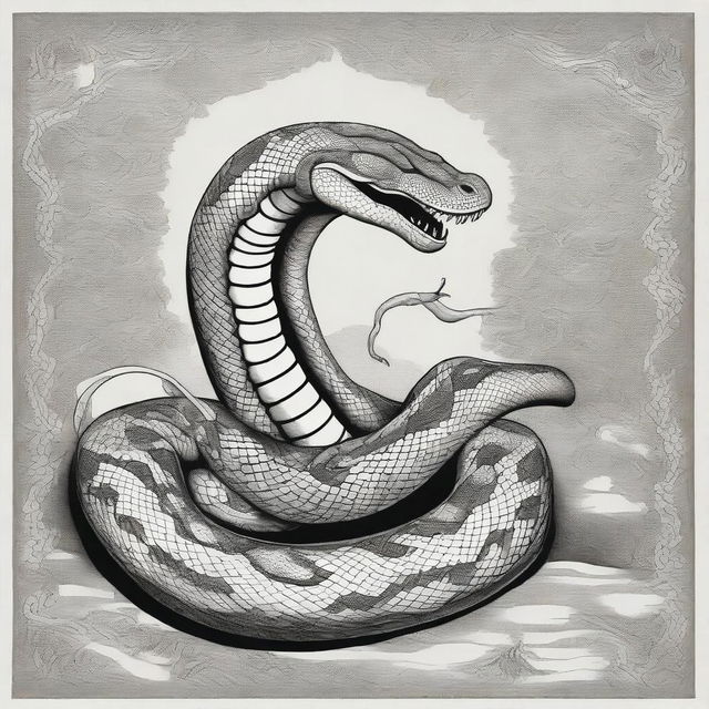 A large python is seen swallowing an Asura from its hand, depicted in an Indian art style