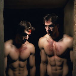 Two extremely sexy athletic young men, with expressions of fright, watching a dark satanic ritual being conducted in an underground chamber