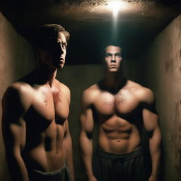 Two extremely sexy athletic young men, with expressions of fright, watching a dark satanic ritual being conducted in an underground chamber