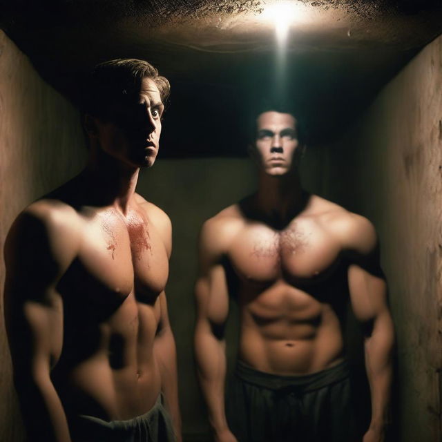 Two extremely sexy athletic young men, with expressions of fright, watching a dark satanic ritual being conducted in an underground chamber