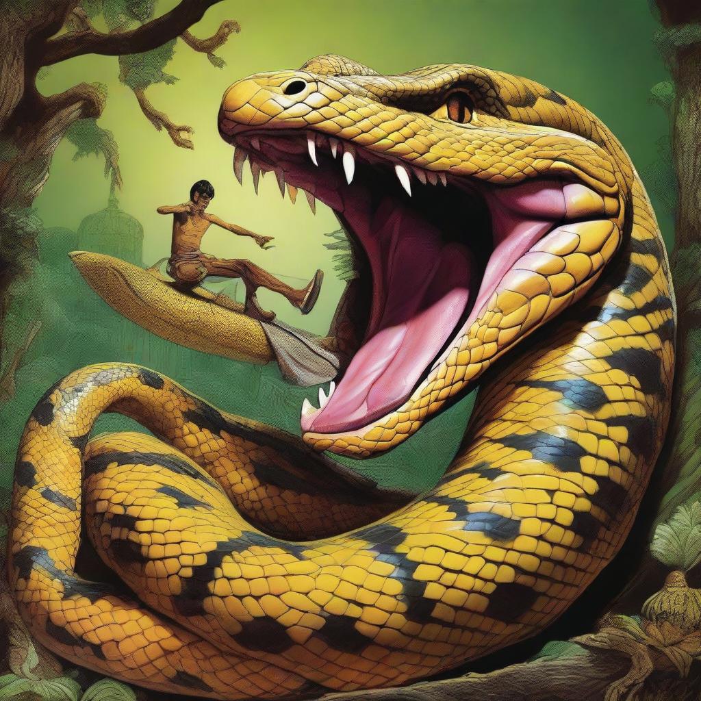 A Burmese Python is depicted in the midst of swallowing an Indian monster