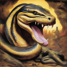 A Burmese Python is depicted in the midst of swallowing an Indian monster