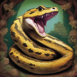 A Burmese Python is depicted in the midst of swallowing an Indian monster