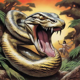 A Burmese Python is depicted in the midst of swallowing an Indian monster