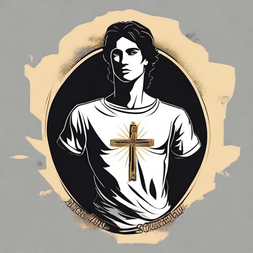 Design a black t-shirt for a church youth group with the central phrase 'A igreja será jovem quando o jovem for igreja' and featuring an image of Saint Sebastian