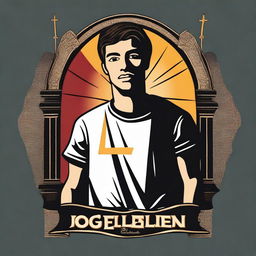 Design a black t-shirt for a church youth group with the central phrase 'A igreja será jovem quando o jovem for igreja' and featuring an image of Saint Sebastian