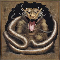 A Burmese Python is shown in the act of swallowing Ravana, a large-bodied Asura