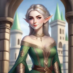 A mischievous female elf with two daggers, dressed in noble attire