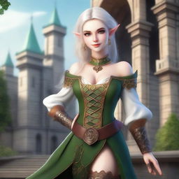 A mischievous female elf with two daggers, dressed in noble attire