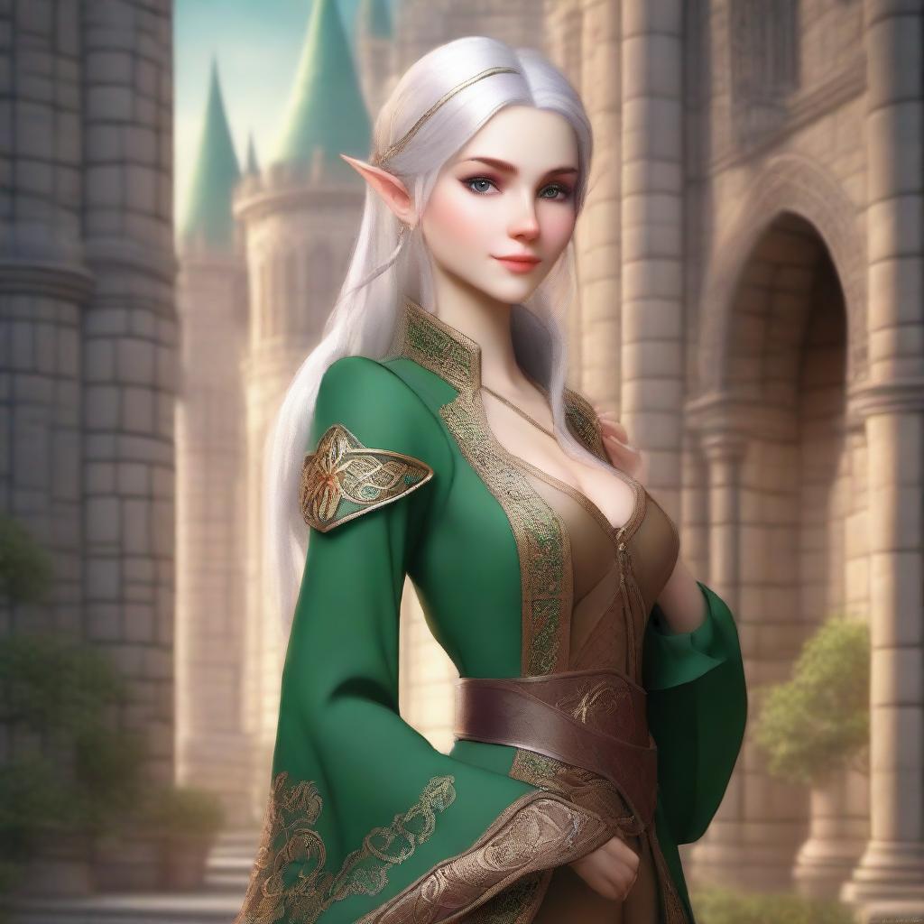 A mischievous female elf with two daggers, dressed in noble attire