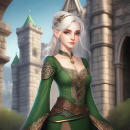 A mischievous female elf with two daggers, dressed in noble attire