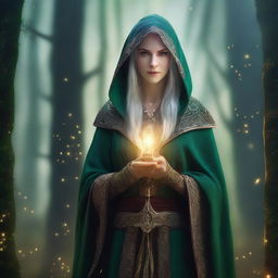 A noble elven woman dressed in elegant, hooded robes, holding daggers in her hands