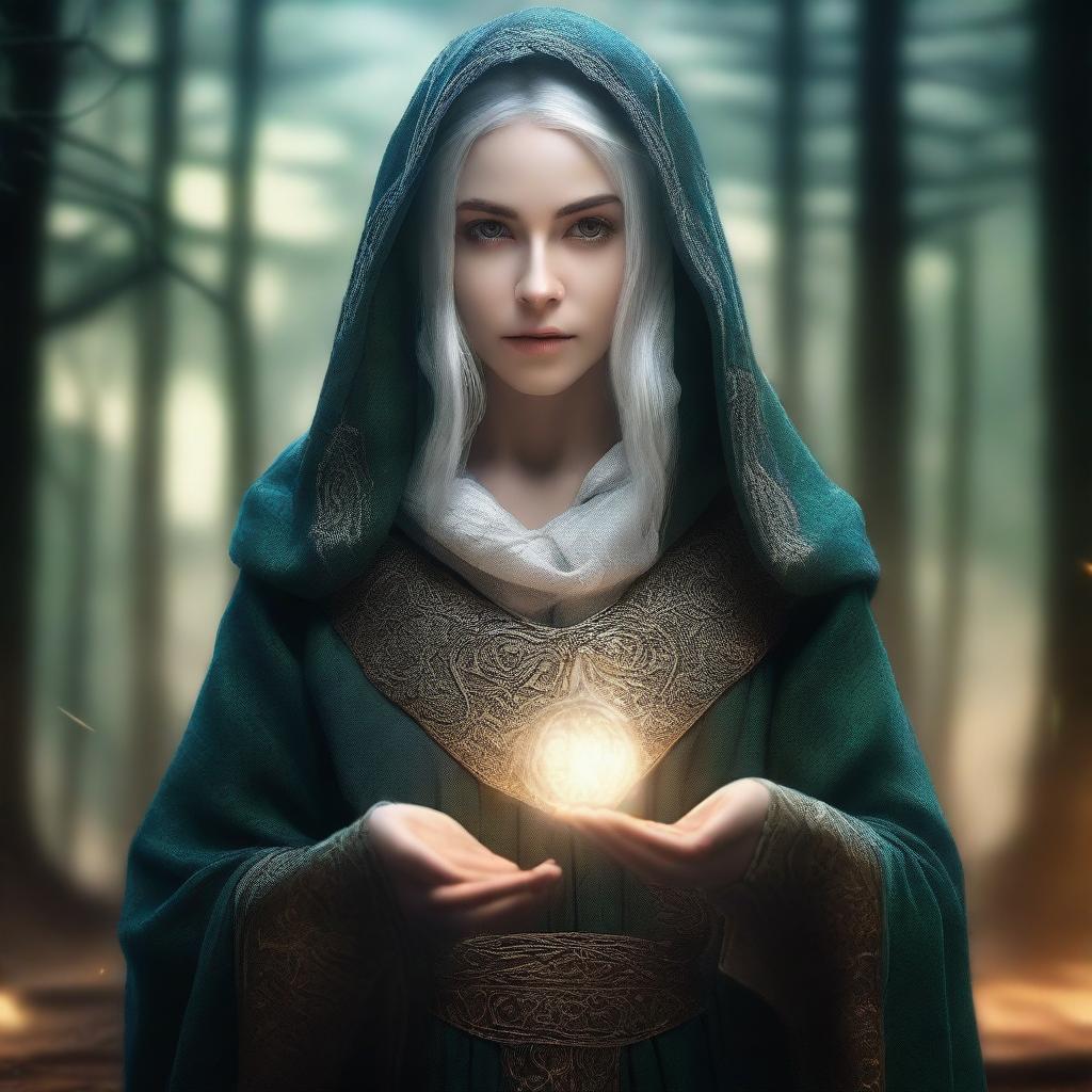 A noble elven woman dressed in elegant, hooded robes, holding daggers in her hands