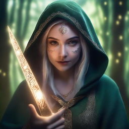 A noble elven woman dressed in elegant, hooded robes, holding daggers in her hands