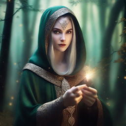 A noble elven woman dressed in elegant, hooded robes, holding daggers in her hands