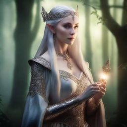 A noble elven woman dressed in elegant, regal clothing, holding daggers in her hands